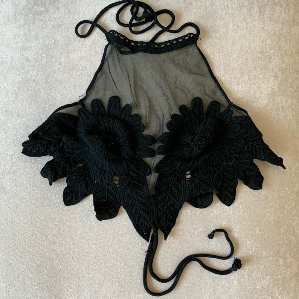 Halter top, backless (tie back), floral bra cups, size S